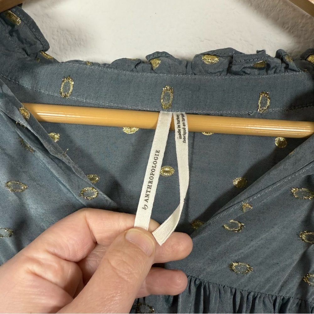 By Anthropologie Women’s Ruffled Peasant Blouse in Blue/Gold Metallic M - Picture 13 of 16